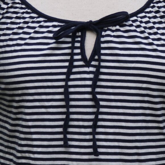 Joe Fresh Blue White Stripe Scoop Neck w Keyhole & Tie Short Sleeve Knit Tee MED - Picture 3 of 7